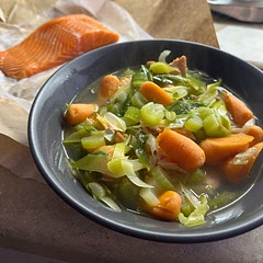 It’s chicken noodle soup- the fish version. Very comforting and easy to modify and make. I was able to exclude the potatoes and cream and use up some green onion and used dashi stock.