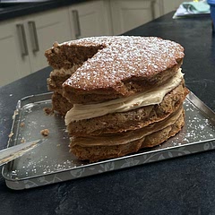 Use smaller tins to do three tiers with same recipie and doubled icing was very nice moist and good flavour