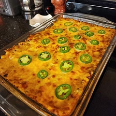 Added diced green chiles
For the ingredients I did 
2 green + 2 red bell pepper
1 large red onion
And cooked 2 cups dry white rice 
Added the sliced jalapeno on while broiling
