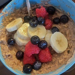 Added half a scoop of protein powder, cinnamon, stevia and maple syrup, vanilla and flaxseed. Threw it in the microwave for 1 min 30 sec. Delicious!