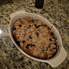 So. I used this for the casserole minus the cream cheese and did a streusel tipping. Made a blueberry sauce to serve e with it. Baked at 350 covered without topping for 40 minutes. Then uncovered with topping for 20 min. Looks great.