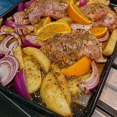 Sharing a pic of the dish before putting it in the oven. Think the temperature was off for me because the chicken got super crispy/burnt, luckily it was still delicious so I'd try cooking this again, just at a slightly lower temperature maybe. Marinade was aces though and I added potato as well.