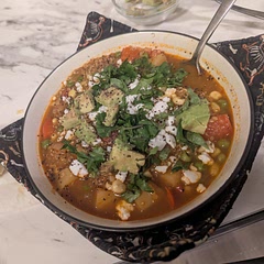 Pretty tasty, not difficult. The quinoa continues to soak up the broth so it does become very stew-like. Topped with some vegan feta in lieu of queso fresco and it worked well; the tang and salt of the cheese was a great element.