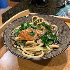 Sooo good! We added mushrooms and used kale instead of spinach because that’s what we had on hand. Served over bucatini but spaghetti would work well too.