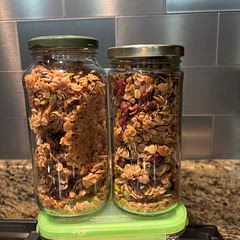 Extremely easy and delicious! I used maple syrup instead of the honey and pepitas and pistachios instead of walnuts since that’s what I had on hand. When it came out of the oven, I added the Craisins, folded it in half and then let it sit for sometime. This let it dry and harden so I got some nice big chunks of granola instead of just little pieces.