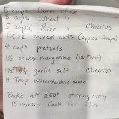 A tasty classic! For a low FODMAP and gluten free version, I used 1 1/2 sticks of butter, 1 1/2 Tbsp "garlic" (chive powder) salt (alt salt), 4 Tbsp less sodium soy sauce, 1/2 box of Cheerios, 1 1/2 boxes of Rice Chex, 1/2 of a family size bag of gluten free Snyder's pretzels, and 1 tall container of Planter's lightly salted dry roasted peanuts.