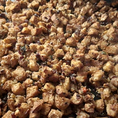 I made weaker broth because there was a lot of salt (too much!) in the celery-onion-pepper mix. Also, it didn't need so much broth as the recipe calls for, but I set it aside for making gravy later.
I also subbed dried cranberries for the cherries and walnuts for the pecans.