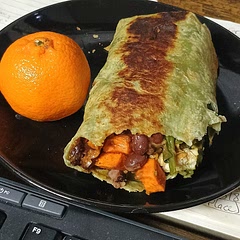 I air fried diced sweet potatoes and did not mash them. I also had a green enchilada sauce that I needed to use, and I threw in some sauteed spinach. To make this easier, I make the beans potatoes seasonings and salsa altogether before putting it on the low-carb spinach wraps. 10/10