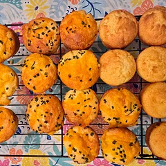 Also made into 18 muffins. 12 with chives and cheese as described above. Baked per the Jiffy box.