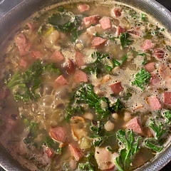 I used Kale and since I made it after work, I didn’t want to eat so late. Oh my goodness was it delicious! Hearty and a side of sweet cornbread from the bakery. Perfect since the temperature here plummeted and it was a cold, wintery day! I might or might not have to freeze leftovers!😋