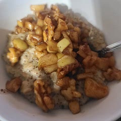 I doubled the recipe, added flax and chia seeds to the oatmeal, and candied walnuts with the apples. The walnuts came out bland; put them in for a few minutes before you add the apples and it should help. Oatmeal was nutritious and filling, but could use a little more flavor as well - maybe adding some cinnamon or nutmeg directly to the oats will help. Leftover oats are going in the fridge in jars, and we'll see if they're good for breakfast tomorrow with different toppings.