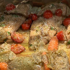 Add small carrots and can of quartered artichoke hearts-then put graded Parmesan cheese on top not with oil - on 4 chicken breast not tenders