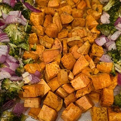 This was delicious! I marinated the chicken breast with olive oil and the seasonings in this recipe. I added more seasoning then the recipe called for. I placed the broccoli and onions on the chicken. So the veggies wouldn't stick to the foil. Next time I will only put nutmeg on the sweet potatoes. 