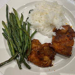 I ran out of garlic so used onions instead. The chicken thighs which I got was skinless so had to be baked in the oven instead. Taste really good. I think it will be even better with garlic.