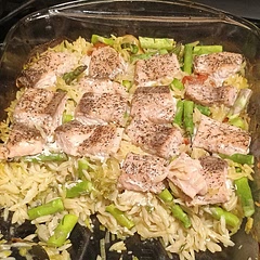 About halfway through cooking the tomatoes, I soaked the orzo in the hot chicken broth before putting it in the oven to ensure it gets cooked all the way. I would also add the  asparagus to the pan halfway through the orzo cooking so it's not so firm. I did not make the sauce because I felt it didn't need it. 8/10