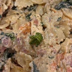 This was very good. It’s a great way to use leftover bacon and is versatile. I had kale and used that in place of spinach. I just happened to have half and half but would have otherwise used cream cheese and pasta water.
