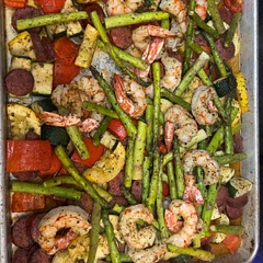 I cut the squash thicker and left the shrimp and asparagus out for the first 10 minutes of cooking. I added the shrimp and asparagus and cooked for 15 more minutes. It will be a go to recipe.