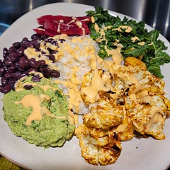 This recipe creates lots of dishes to clean, but its worth it. I didn't have saurekraut, but had pickled turnips. The basil guacamole is nice, same with the kale. 
I tired it with a spicy mayo for some extra flavoring. 