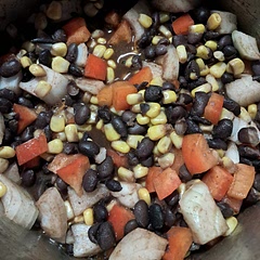I prefer starting with my own cooked black beans. I cooked the beans with garlic. I added red bell pepper and sweet onion. I used chili powder, cumin and smoked paprika instead of taco seasoning. I skipped the taco sauce and will use it as a condiment.