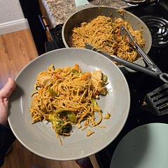 We used a whole box (14oz) of the chickpea protein spaghetti noodles and frozen vegetables instead of fresh ones. If you use a whole box like we did, a little more of each liquid. We didnt do this and it turned out alright but our noodles were just a little firm. The taste was so good though, definitely adding to our rotation of recipes!