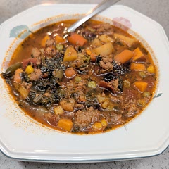 Added whatever veg I had on hand and added masala cooking wine to deglaze after browning the turkey and onions before adding in the tomato paste and garlic to cook them off a bit. Then added broth and other veggies. Added a dash of balsamic vinegar and both Italian seasoning and herbs-de-Provence. Topped off the soup with frozen kale and a drizzle of chili oil rather than add cayenne so it's to everyone's spice level. So yum!