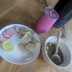 VERY adapted recipe. Normal radishes because store had no daikon. Tofu instead of Salmon cos I'm veg. Was very good substitute but would obvs be better if I made vegan Salmon. Had with miso soup. 