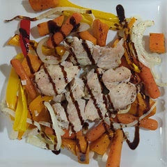 I only substituted the zucchini with baby carrots and also added fresh minced garlic to the chicken. 
One modification I implemented was baking the sweet potatoes, carrots and chicken first for the first 10 minutes and after that I added the onions and peppers.
I baked the preparation for an extra 5 minutes so the veggies could be tender enough. So 25 altogether.
To make it more flavorful I decided to drizzle with balsamic glaze after serving it, it was a great touch.
Very nice recipe for weeknight and leftovers 👌🏼