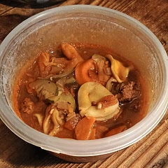 My daughter said it was delicious but I didn't try it. I used pomegranate juice instead of red wine. It does take a full hour after sauteing the vegetables and cooking the sausage. 