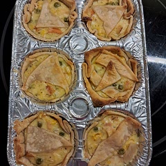 Followed the filling recipe, but made them mini. There was another tray but they didn't make it to get a phone. I do recommend using a disposable tray or cupcake linners. 
I had leftover filling which I made into pot pie soup by adding some water and cutting the leftover pie crust into small peices and boiling for like 10 minutes 