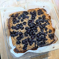 Cooked closer to 45mins else it was too wobbly, but otherwise it's excellent. I used quick oats, maple syrup, frozen blueberries, and 2 eggs instead of 1 for extra protein. No nuts b/c allergies, but next time I will try it with dried unsweetened coconut mixed in. Kids loved it as is, and also with plain Greek yogurt for breakfast. Will def make this again!