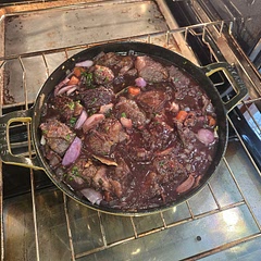 I used a staub braiser which may have been too small since I could only fit 2 cups of liquids in the pan without submerging the beef for a good braise. I've opted for baby Belle mushrooms for a more mild mushroom flavor for the family. The way the recipe cooks the mushrooms separately is excellent, I've adapted this to other recipes to keep a good texture on the mushrooms.
