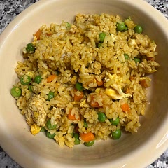 Had to leave out peppers and onions due to allergies. Used a bag of frozen peas & carrots to make it easier. Used ground chicken - I think that was the right move. Didn’t have old rice so I had my husband pick up a quart of plain white rice from the Chinese restaurant around the corner! Talk about a quick and easy dinner!