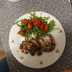 Nice veggie option, it would also be good as a starter.  I chopped the mushroom stems and roasted with the pepper and onion. 