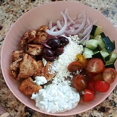 Light, but filling and delicious. The red wine dressing from the original recipe is missing from the ingredients list. I'm not big on Kalamata olives, but they weren't too bad in this when everything was all mixed together. Don't make the chicken pieces too big, and don't overcook them and dry them out. 8/10
Greek Chicken
▢1 lb. chicken breast boneless, skinless, cut into 1-inch (2.5-cm) cubes (455 g) ▢3 tablespoons olive oil (45 ml)
▢2 tablespoons lemon juice ▢1 tablespoon red wine vinegar ▢1 tablespoon Greek seasoning (see notes below) ▢1/4 teaspoon sea salt
Tzatziki sauce
▢8 oz. Greek yoghurt plain, full-fat (224 g)
▢1/2 medium Persian cucumber grated ▢2 cloves garlic grated ▢Zest of 1 medium lemon ▢1 tablespoon fresh lemon juice ▢2 tablespoons fresh dill minced ▢Sea salt as needed ▢Black pepper as needed
Red Wine Vinegar Dressing
▢3 tablespoons olive oil (45 ml) ▢1 tablespoons red wine vinegar ▢1 teaspoon fresh oregano minced ▢Sea salt to taste
Salad Toppings
▢1 large Persian cucumber diced ▢1 cup cherry tomatoes halved ▢1/2 cup red onion thinly sliced ▢1/3 cup Kalamata olives pitted ▢4 oz. feta cheese crumbled