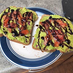 Really good. It has a sweetness with the balsamic and the red onions add a little bit of kick to it. I might even add a little bit of tajin seasoning on top next time. But this will definitely be a nice go-to snack for breakfast