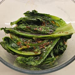 For easier cleanup, I recommend using 1 saucepan instead of 2:
- Boil water in big saucepan
- Blanche lettuce for 20 seconds
- Drain lettuce
- Cook sauce in the same pan

I added minced ginger as well.