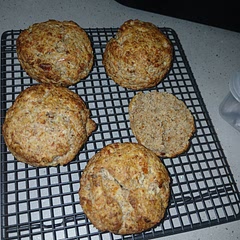 Used half self raising, half wholemeal flour and added 2 tablespoons fig jam to the mix and a mix of cheddar, smoked and chilli cheese. Were delicious. Took 22 mins to bake but i used a medium cutter. 