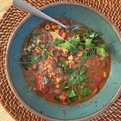 Loved this! Made a bunch of modifications. Did the pancetta alone for a little bit, added in some more olive oil and then did a diced onion, 2 carrots and 2 celery for about 8-10 min. Then i added the garlic and followed the rest of the recipe. I had homemadebeans so used that liquid plus additional water and some better than bouillon. Added in some chard jn the last five min and a parmesan rind while it was boiling. Suuuuper good and would definitely make again.