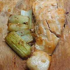 the dish itself is pretty good but how I did it is mostly my fault- anyways so basically before I realized this was to grill and not to pan well it was too late, honestly i probably overcooked it or undercooked it lol. added sum celery to the side. pretty good but please don't do what I did- 

update: got a lil sick after eating. this yo sign to always trust your gut with salmon

"it looks a bit pink in the inside but whatever" -my final last words