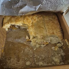 First time making cobbler. I used canned apricots because we were given quite a lot of cans of apricots. We did not use the almonds. But it turned out amazing. Kind of rich on the carbs so we cut it where it doubled the servings. Oh, and I used almond flour on a 1:1 ratio to replace the all purpose flour. The picture is when I finally remembered to take a picture, lol.