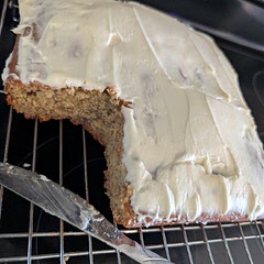 This recipe tastes like a very moist banana bread with creamncheese icing. It was perfect for using the 4 extremely ripe bananas we had. I placee the icing on the warm cake and ate it immeditely as the recipe recommends. I think I need a 2nd slice!!!!