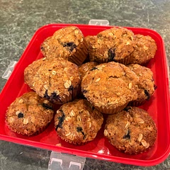 Really good! The streusel made a nice crunchy sweet topping. These would be a nice breakfast muffin. They have a sweet taste but a mix between cake and bread texture. If you want them to have that classic muffin top spilling over the edges, fill the muffin cups closer to the top. Blueberries added a nice touch.
