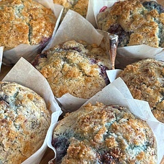My husband loves these, even when I substitute for gluten free and dairy free alternatives! I adjusted a few things. Only needs 1/2c blueberries, a full cup makes them very mushy. I added cinnamon and vanilla to the batter and then sprinkled the top with brown sugar for a dairy free twist on the crumble. Can stretch to make 12 muffins instead of 8 and cook time for 12 would be 20mins, whereas 8 muffins do better at 25-30mins.