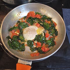 I use one Vine ripe tomato and a few cherry tomatoes and adjusted the spinach tomato ratio until I was satisfied with the results but I think in the future I'll probably do more than one egg cuz I feel like it wasn't enough eggs.