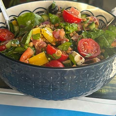 Made this for two persons using the drained contents of a 400g can of lentils as a base. Additions outside of the given ingredients were 2x1/2 peppers, one yellow one red chopped and 4 rashers of crisped smoked bacon. We ate it with warmed chunks of sourdough bread. Delicious!