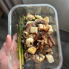 This was really good, I subbed asparagus for the green beans but made everything else as called for. I used maybe twice as many mushrooms as needed and would do that again. I did have some trouble getting my tofu to brown, I put the cubes in a bag with salt, pepper, thyme, and cornstarch to help.