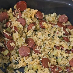 Substitute half rice with orzo, no shrimp. Air fryer last 5 minutes as over estimated water 🙃