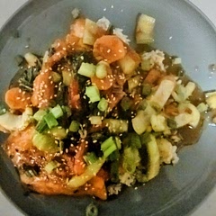Sorry it's such a bad picture. This was very good. However I did make a couple of adjustments. We do not like things too sweet so I left the honey out altogether. Great decision. I also tripled the sauce. I had my bok choy cut just the way they specified, when my husband saw it and asked, skeptically, "do I like that". I said 'yes dear' I use it in most of our stir fries. Haha. I decided to change it up a bit by cutting the bok choy as if I was going to stir fry. I also decided to use up the one carrot and 1/2 of red bell pepper I had sitting in the fridge. Another good choice. I sauteed the veggies as was called for, minus the veggie broth. It was not needed. When the fish was done I poured the remaining marinade over the veggies and served all on top of brown rice. I did use Steelhead (a species of trout) because it was the first fish I found in the freezer.  The salmon was buried. 🤣