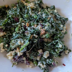 This was a journey. What started as an eager desire for a healthy lunch with a base of kale from the first harvest of the season from my garden turned into a long slog of making tahini by hand with mortar and pestle, adding too much oil, realizing I only had couscous and not quinoa, and somehow, despite the odds, coming out with something that was very tasty, though hardly worth the trouble it took. Would recommend if you can shortcut some of the steps.