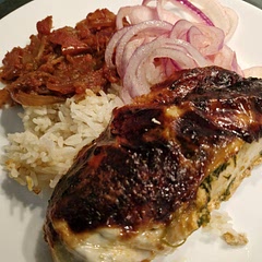 Absolutely delicious! I found it a tad labour intensive because of the different elements but that's a me problem and overall I was super impressed - especially with the quick pickled onions and the tomato salsa. I didn't have the chipotle pepper for the salsa so I subbed it with smoked paprika and Wow! Amazingly complex flavours considering the scant ingredients. I forgot to add salt and pepper to the chicken marinade because it wasn't included in the written recipe on the Waitrose site but I've added it here. The chicken was still nicely seasoned and incredibly juicy with lovely crispy skin. Hoping the leftovers will hold up too. 